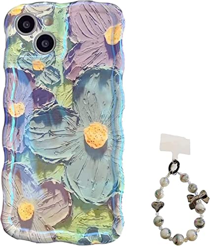 FAFOUR Geeignet für iPhone 14 buntes Ölgemälde, Exquisite Handyhülle, weiches TPU, stoßfest, schützendes Blumen-Armband, Lanyard, Handyhülle mit Perlen-Lanyard von FAFOUR