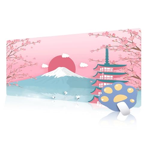 FAIRYGATE Mousepad 900x400 Japan XXL Mauspad Japanische Malerei Kirschmond Berg Gaming Erweitertes Großes Schreibtischunterlage Genähte Kanten Rutschfestes für Computer Büro B5805-L von FAIRYGATE