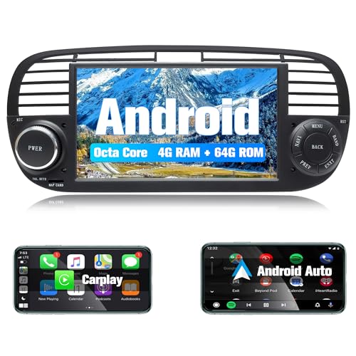 Android Autoradio für FIAT 500 2007-2015 Carplay Android Auto Touchscreen Stereo GPS Navigation WiFi Bluetooth FM RDS Radio Rückfahrkamera [4+64G] 7'' von FAJSE