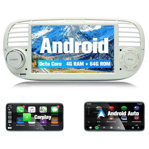 Android Autoradio für FIAT 500 2007-2015 Wireless Carplay Android Auto Stereo Bildschirm GPS Navigation 4G LTE WiFi Bluetooth FM RDS Radio Rückfahrkamera SWC [4+64G] 7'' von FAJSE