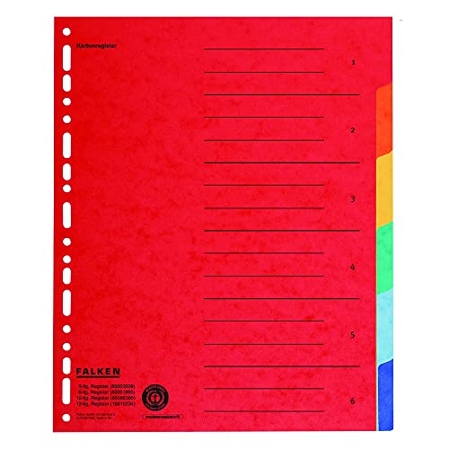 Original Falken Karton-Register überbreit für DIN A4+ 24,5 x 30 cm volle Höhe mit Organisationsdruck 6-teilig vollfarbig zur Ablage von Prospekt- und Klarsichthüllen von FALKEN