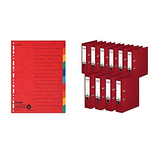 Set aus: Original Falken Karton-Register überbreit A4 24 x 29,7 cm mit Organisationsdruck 10 tlg 2x5 Farben & 10er Pack Falken Chromocolor Premium-Ordner Kunststoffbezug 8 cm breit A4 bordeaux von FALKEN