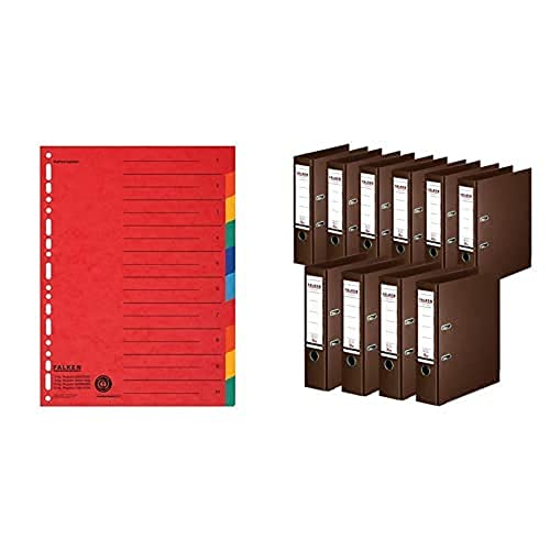 Set aus: Original Falken Karton-Register überbreit A4 24 x 29,7 cm mit Organisationsdruck 10 tlg 2x5 Farben & 10er Pack Falken Chromocolor Premium-Ordner Kunststoffbezug 8 cm breit A4 braun von FALKEN