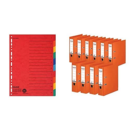 Set aus: Original Falken Karton-Register überbreit A4 24 x 29,7 cm mit Organisationsdruck 10 tlg 2x5 Farben & 10er Pack Falken Chromocolor Premium-Ordner Kunststoffbezug 8 cm breit A4 orange von FALKEN