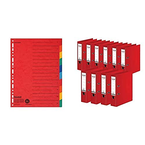 Set aus: Original Falken Karton-Register überbreit A4 24 x 29,7 cm mit Organisationsdruck 10 tlg 2x5 Farben & 10er Pack Falken Chromocolor Premium-Ordner Kunststoffbezug 8 cm breit A4 rot von FALKEN