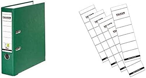 Set aus: Original Falken PP-Color Kunststoff-Ordner. Made in Germany. 8 cm breit DIN A4 grün und Original Falken 10er Pack Ordner-Rückenschild. Etiketten 54 x 190 mm zum Einstecken weiß von FALKEN