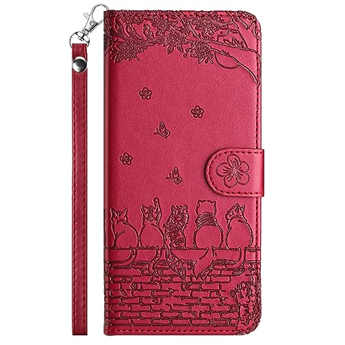 FALUWONRU Hülle für iPhone 12 Mini Klappbare,iPhone 12 Mini Handyhülle Tasche,Katzen PU Leder Klapphülle,Flip Case Stoßfeste Magnetische [Standfunktion] [Kartenfächern] Schutzhülle,Wein Rot von FALUWONRU
