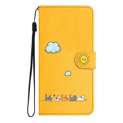 FALUWONRU Tasche für Samsung Galaxy A55 5G faltbar,Katzen/Sonne Handytasche,PU Leder Faltbare Tasche,Flip Case stoßfest magnetisch [Standfunktion] [Multi Slot Kartenschlitz] Schutzhülle,Gelb von FALUWONRU