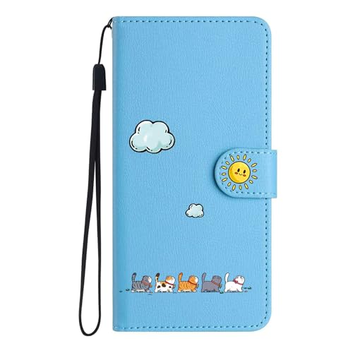 FALUWONRU Tasche für Xiaomi Redmi Note 11S 4G/Note 11 faltbar,Katzen/Sonne Handytasche,PU Leder faltbare Tasche,Flip Case stoßfest magnetisch [Standfunktion][Multi Slot Kartenschlitz] Schutzhülle,Blau von FALUWONRU