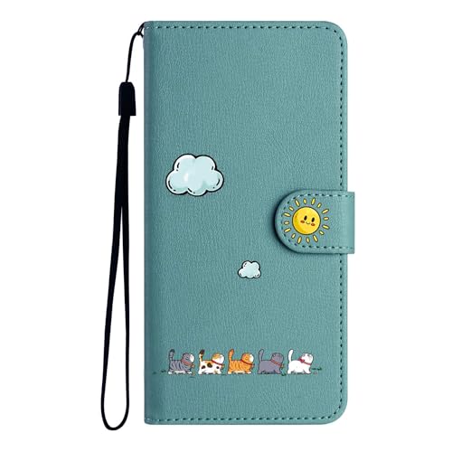 FALUWONRU Tasche für iPhone 16 Pro Max faltbar,Katzen/Sonne Handytasche,PU Leder Faltbare Tasche,Flip Case stoßfest magnetisch [Standfunktion] [Multi Slot Kartenschlitz] Schutzhülle,grün von FALUWONRU