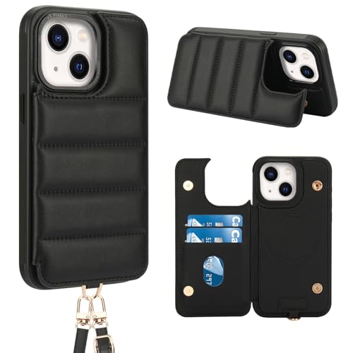 FALUWONRU für iPhone 13/14 Leder Crossbody handyhülle mit geldbörse mit Verstellbaren Abnehmbaren Lanyard,Frauen Niedlich Luxus Stand hülle mit Kartenhalter ipone-Tasche,Schwarz von FALUWONRU
