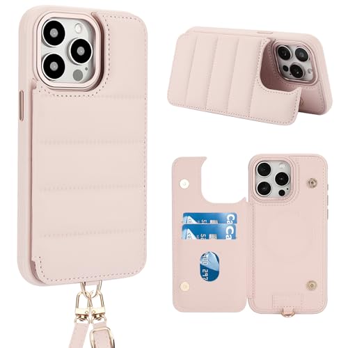FALUWONRU für iPhone 16 Pro Max Leder Crossbody handyhülle mit geldbörse mit Verstellbaren Abnehmbaren Lanyard,Frauen Niedlich Luxus Stand hülle mit Kartenhalter ipone-Tasche,Hellrosa von FALUWONRU