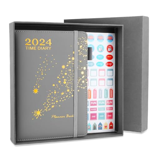 Kalender 2024 Buchkalender, Graugold Farbe Meteor Buchkalender 2024, Mit Schachtel Und Aufkleber, Dick Und Langlebig Terminplaner 2024, Terminplaner 2024 A5 Für Neujahrsgeschenk. von FAMCUCHE
