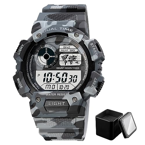 FAMKIT Armbanduhr, Digitaluhr für Jungen, 5ATM wasserdicht, Digitale Sportarmbanduhr, mit Stoppuhr/Countdown/EL-Licht/Datumsanzeige, grau/camouflage von FAMKIT