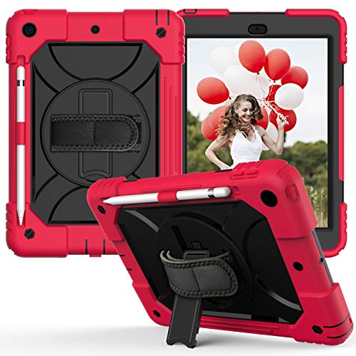 Hülle für Neue iPad 10.2 Zoll (iPad 9./8./7. Generation), Stoßfeste Robuste Hülle mit Stifthalter 360°-drehbarer-Ständer Schultergurt (Rot+schwarz) von FAN SONG