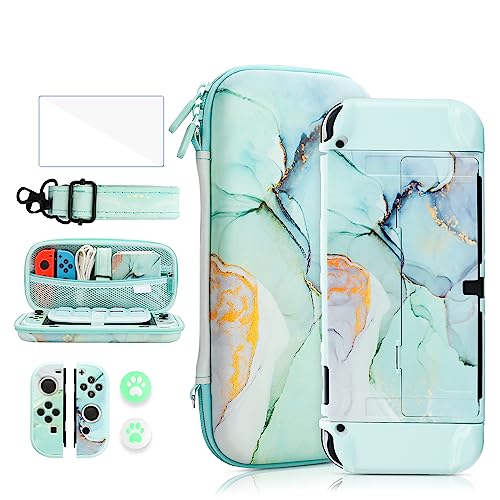 FANPL Case Bundle für Nintendo Switch OLED-Zubehör, Tragetasche für Switch OLED und Joy Con mit Flip-Schutzhülle und Displayschutzfolie, 4 Daumengriffe, Schultergurt – Marble Jadeite Green von FANPL