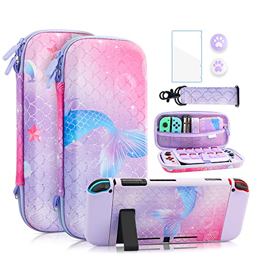 FANPL Case Bundle für Nintendo Switch Zubehör, niedliche Tragetasche für Switch und Joy Con mit weicher Schutzhülle und Displayschutzfolie, 2 Daumengriffe, Schultergurt (lila) von FANPL