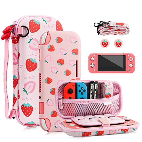 FANPL Schutzhülle für Nintendo Switch Lite, süße rosa Erdbeer-Tragetasche für Switch Lite-Zubehör mit weicher TPU-Abdeckung, verstellbarem Riemen, Displayschutzfolie, Daumengriffkappen von FANPL