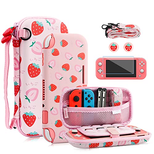 FANPL Schutzhülle für Nintendo Switch Lite, süße rosa Erdbeer-Tragetasche für Switch Lite-Zubehör mit weicher TPU-Abdeckung, verstellbarem Riemen, Displayschutzfolie, Daumengriffkappen FANPL Schutzhülle für Nintendo Switch Lite, süße rosa Erdbeer-Tragetasche für Switch Lite-Zubehör mit weicher TPU-Abdeckung, verstellbarem Riemen, Displayschutzfolie, Daumengriffkappen von FANPL