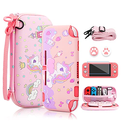 FANPL Schutzhülle für Nintendo Switch Lite, süßes rosa Einhorn, Tragetasche für Switch Lite, Zubehör mit weicher TPU-Abdeckung, verstellbarem Riemen, Displayschutzfolie, Daumengriffkappen von FANPL