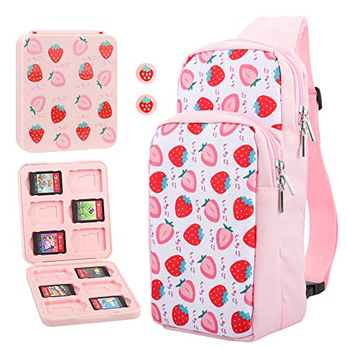 FANPL Tragetasche für Nintendo Switch/OLED/Lite Reisetasche, Rosa Schulterrucksack Set mit Spielhülle und Daumengriffkappen, Switch Zubehör Tragbare Crossbody Tasche mit Erdbeere für Mädchen FANPL Tragetasche für Nintendo Switch/OLED/Lite Reisetasche, Rosa Schulterrucksack Set mit Spielhülle und Daumengriffkappen, Switch Zubehör Tragbare Crossbody Tasche mit Erdbeere für Mädchen von FANPL