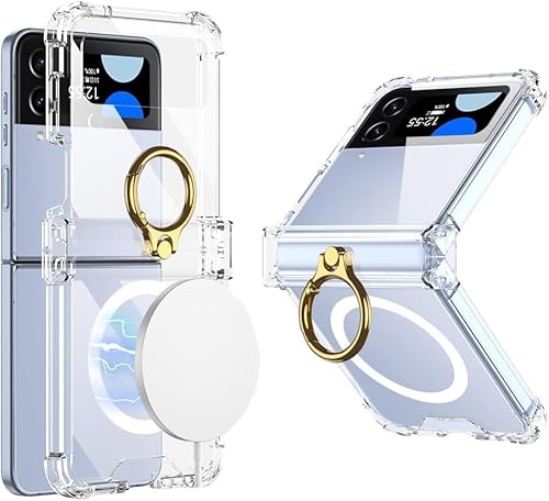 FAOMSEBS Magnetisch Klar für Samsung Z Flip 4 Hülle für MagSafe mit Ring Ständer (Scharnier Schutz) [360°Drehbarer Ringhalter] Stoßfest Handyhülle Samsung Galaxy Z Flip 4 Case Schutzhülle, Transparent von FAOMSEBS
