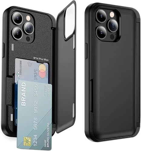 FAOMSEBS Schutzhülle für iPhone 14 Pro mit verstecktem Kartenhalter [Design mit Magnetverschluss] [2 Karten + 1 Bargeld] Stoßfeste Schutzhülle für iPhone 14 Pro Case, Schwarz 6,1 Zoll von FAOMSEBS