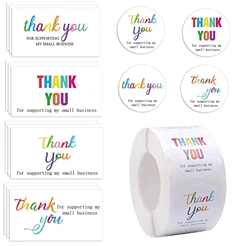 FAPUMOE 600-teiliges Dankeskarten- und Aufkleber-Set (farbig), 100-teiliges Dankeschön für die Unterstützung meiner kleinen Visitenkarten und 500-teilige runde Aufkleber-Etiketten von FAPUMOE