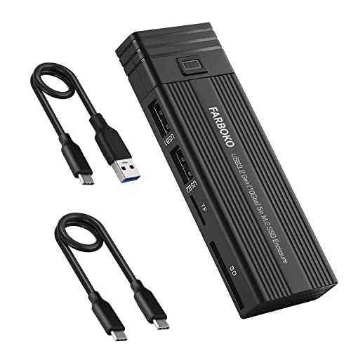 FARBOKO M.2 SSD Gehäuse, 10Gbps USB3.2/ USB3.1 Gen2 Nvme USB Adapter mit 2 USB2.0 Ports & SD/TF Card Reader Tool-Free für M.2 NVMe/SATA SSD in 2242/2260/2280 von FARBOKO