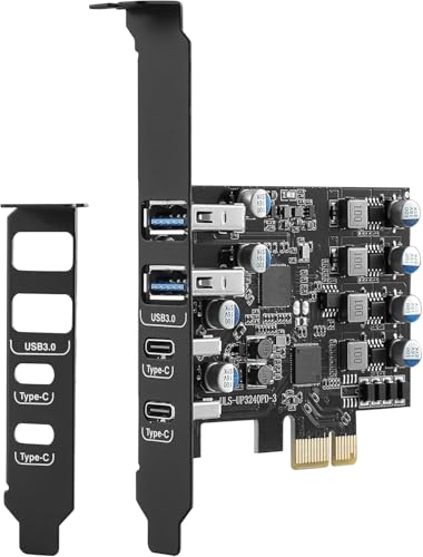 PCIE-USB-Karte 25 W Stromversorgung, PCI Express auf USB 3.0-Erweiterungskarte 4 Anschlüsse (2 x Typ A + 2 x Typ C) schnelles Aufladen mit Low-Profile-Halterung für Desktop-PC von FARBOKO