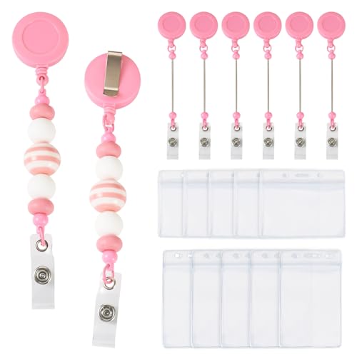 FASHEWELRY 10-teiliges einziehbares Perlen-Abzeichenrollen-Set mit PVC-Namenskartenhaltern für selbstgemachte Ausweise, Namensschilder, Hot Pink von FASHEWELRY