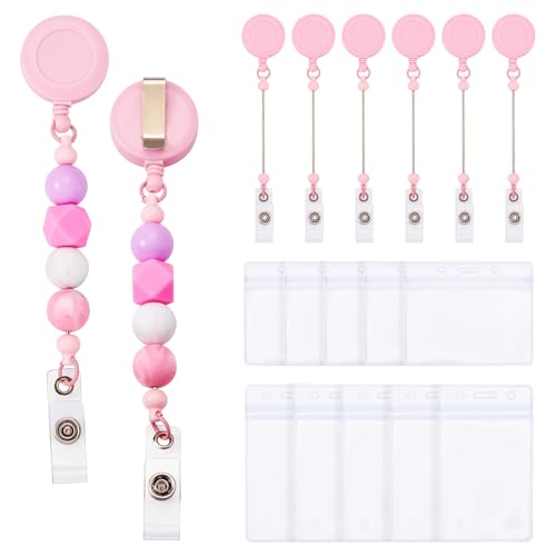 FASHEWELRY 10-teiliges rosa einziehbares Perlen-Abzeichenrollen-Set mit PVC-Namenskartenhaltern für selbstgemachte Ausweise, Namensschilder von FASHEWELRY