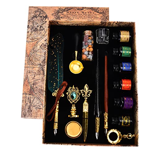 FASJ Federkiel-Tintenset, Feather Quill Pen and Ink Kit mit Feather Dip Pen/Glass Dip Pen/18 STK. Ersatzspitzen/6 STK. Tinte/Feuerlack Wachspartikel, Ideales Geschenkset zum Schreiben(Dunkelgrün) von FASJ