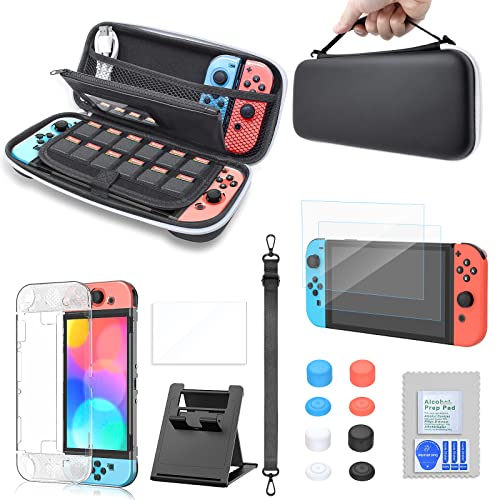 FASTSNAIL 5 in 1 Zubehör Set kompatibel mit Nintendo Switch OLED für JoyCon, Tasche kompatibel mit Switch OLED ，mit 2 Schutzfolie, Schutzhülle,Ständer und 4 Paar Joystick-Kappen von FASTSNAIL