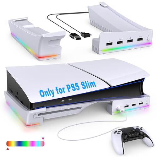 FASTSNAIL RGB LED Horizontaler Ständer für PS5 Slim Konsole, Halterung Zubehör mit 4 USB-Anschlüssen zum Aufladen und Übertragen von Daten, Standfuß für Playstation 5 Slim Disc&Digital Edition von FASTSNAIL