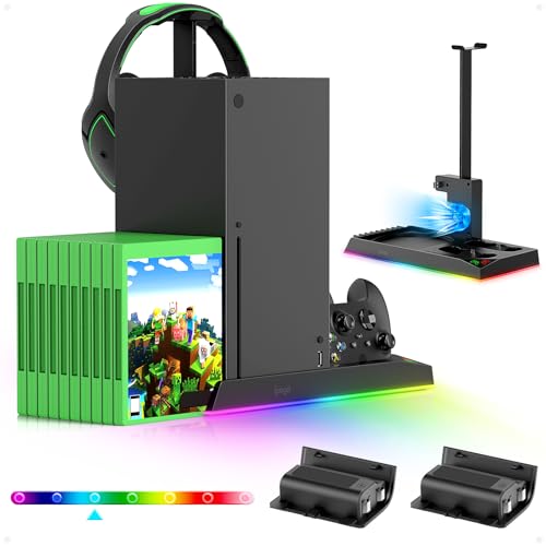 FASTSNAIL RGB LED Ständer Kompatibel mit Xbox Series X, Controller Ladestation für Xbox mit wiederaufladbar 2x1400 mAh Akkus, Lüfter kühler für Xbox Series X, Zubehör für Xbox Series X von FASTSNAIL