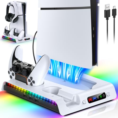 FASTSNAIL Standfuß für PS5 Slim Konsole, Zubehör für PS5 Slim, LED Controller Ladestation kompatibel mit Playstation5 Slim Digital/Disc Edition(Nicht für PS5/PS5 pro) von FASTSNAIL