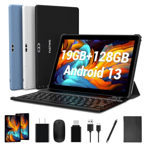 FASTWD Android 13 Tablet PC 10 Zoll 5G WiFi 19 (8 + 11) GB RAM +128 GB ROM, Smart IPS, Akku 8000 mAh, 8 MP + 5 MP| Bluetooth | OTG, mit Case, Tastatur, Maus + Stift, Blau von FASTWD