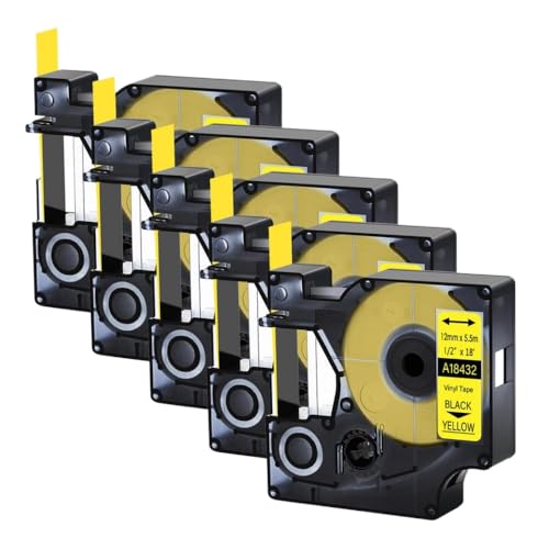 FASURDVA 5PK 18488 18444 18483 18432 Industrial Polyester Nylon Schwarz auf weißen Etikettenbändern kompatibel mit 5200 4200 Label -Machern(Yellow Vinyl) von FASURDVA