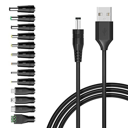 USB auf DC Stecker 5V Kabel, 13 in 1 USB A auf Hohlstecker Ladekabel 1,5M Netzkabel Stromkabel 5,5 X 2,1mm Adapterkabel mit 13 interchageable DC Stecker 5,5x 2,5mm Typ C Mirco USB Mini USB und mehr von FAYAZ