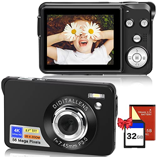 Digitalkamera 56MP 4K HD Kompaktkamera 20X Digitalzoom Fotoapparat 2.7-Zoll-Bildschirm Fotokamera Wiederaufladbare mit 32GB Karte für Kinder Teenager Anfänger Geschenk Black von FAYIBUY
