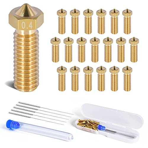 FBBULES 20 Stücke 0,4 mm 3D Drucker Düsen Volcano M6 Nozzle Messingdüsen Set, für Volcano Hotend 3D-Drucker, Premium Extruder Druckkopfdüsen für Filament 1,75 mm mit 5 Reinigungsstahlnadeln von FBBULES