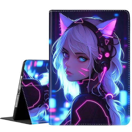 FDHHKJUKO Hülle für iPad (A16) 11. Generation 11 Zoll (2025), für iPad 10. Generation 10,9 Zoll (2022), schlanke Klappständer Abdeckung mit Auto Wake/Sleep, Cat Girl Blue Neon Anime von FDHHKJUKO