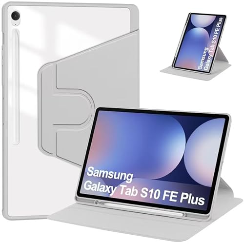 FDHYFGDY Drehbare Hülle für Samsumg Galaxy Tab S10 FE Plus/S10 FE+ 13,1 Zoll mit S Pen Halter, 360 Grad Drehbare Schutzhülle Ständer Transparente Rückseite, Auto Wachen/Schlafen (Grau) von FDHYFGDY