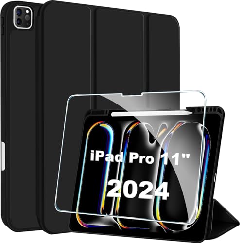 FDHYFGDY Hülle für iPad Pro 11 Zoll 2024 Schutzhülle + 1 Stück Schutzfolie, Neues PU Leder Case Dreifach Falt Klapp Schutzhülle mit Auto Schlaf/Wach Funktion - Schwarz von FDHYFGDY