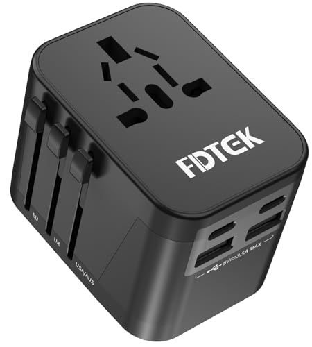 FDTEK Reiseadapter Weltweit Universal Reisestecker mit 2 USB-A, 2 USB-C und 1AC Steckdose Internationaler Steckdosenadapter Adapter für England Deutschland USA Thailand Italien Australien von FDTEK