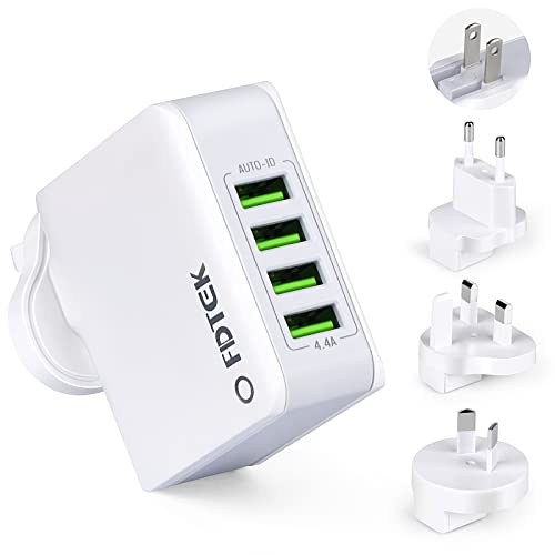 FDTEK 4 in 1 Reiseadapter Weltweit 4 USB Universal Reisestecker mit UK EU USA AUS Adapter Ladegerät 22 W 4,4 A, Internationaler Steckdosenadapter Multi-Steckdosenadapter Travel Adapter für EU UK USA FDTEK 4 in 1 Reiseadapter Weltweit 4 USB Universal Reisestecker mit UK EU USA AUS Adapter Ladegerät 22 W 4,4 A, Internationaler Steckdosenadapter Multi-Steckdosenadapter Travel Adapter für EU UK USA von FDTEK