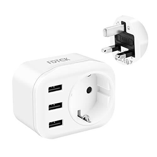 Reiseadapter UK FDTEK Reisestecker Typ g Steckdose Adapter UK Adapter Stecker Typ f auf Typ g mit 3 USB-A Anschlüsssen 2.4A Reiseadapter EU auf UK Strom Adapter für UK Lrrland Weiß von FDTEK