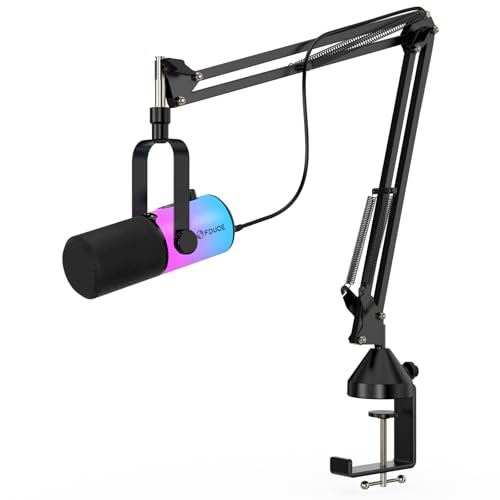 FDUCE Dynamisches USB/XLR-Gaming-Mikrofon für Podcast-Aufnahmen, PC-Computer-Gaming-Streaming-Gesangsmikrofon mit RGB-Licht, Stummschalttaste, Gain-Regler, Kopfhöreranschluss, mit Galgenarm (D20+) von FDUCE