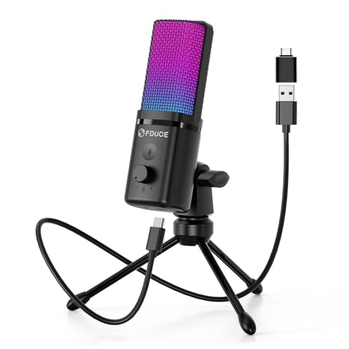 FDUCE Gaming-USB-Mikrofon, RGB-Kondensatormikrofon mit Stativ, Lautstärkeregelung und Stummschaltfunktion, kompatibel mit PC, Laptop, für Spiele, Podcasting, Streaming, YouTube von FDUCE